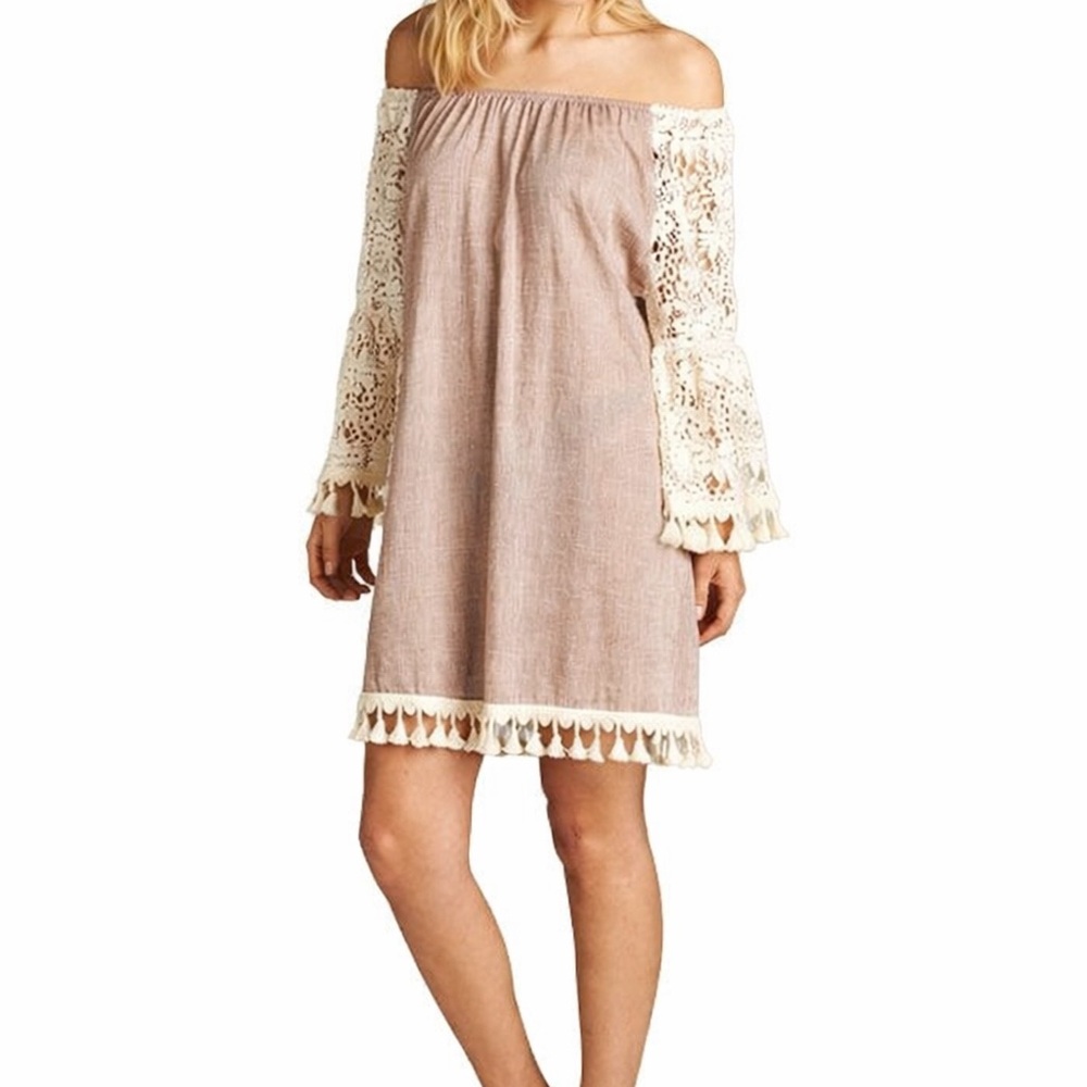 Dress Crochet Sleeve Off The Shoulder Taupe Size M NWT